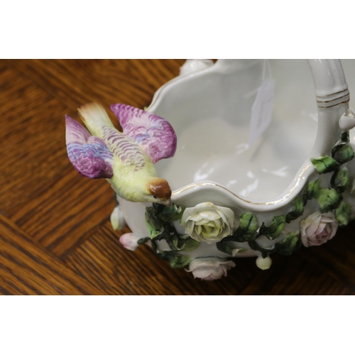 1641 - German porcelain basket with bird, approx 15cm H x 22cm W x 13cm D