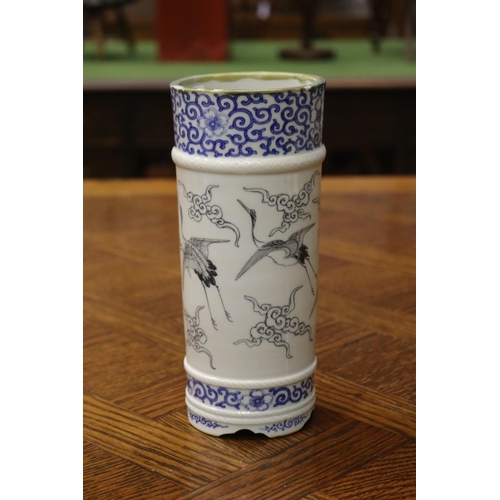 1643 - Chinese blue & white crane cylinder vase, approx 21cm H x 9cm Dia