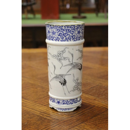 1643 - Chinese blue & white crane cylinder vase, approx 21cm H x 9cm Dia