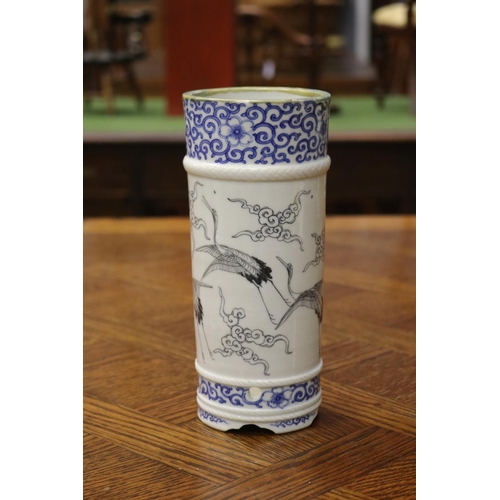 1643 - Chinese blue & white crane cylinder vase, approx 21cm H x 9cm Dia