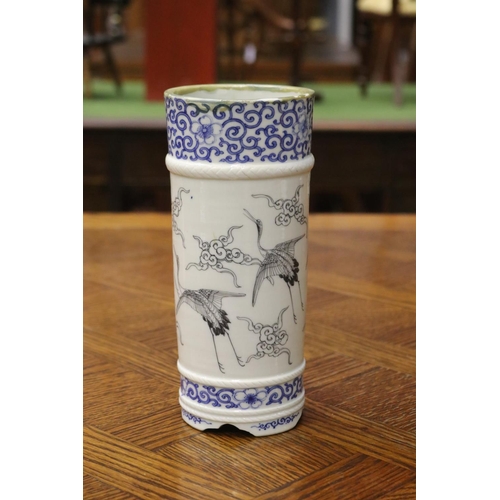 1643 - Chinese blue & white crane cylinder vase, approx 21cm H x 9cm Dia