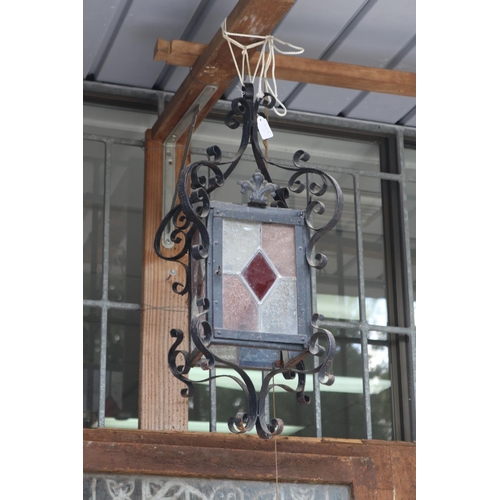 1806 - Old French wrought iron lantern, with stained glass panels, approx 67cm H