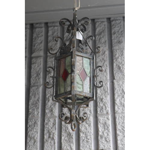 1807 - Vintage French wrought iron lantern with stained glass panels, approx 50cm H