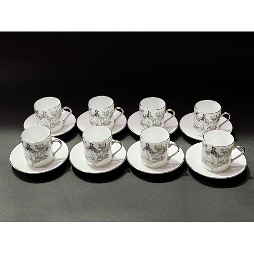 43 - Set of eight Limoges demi tasses approx:
Cup: 7cm H, 5.5cm W
Saucer: 3cm H, 11cm W