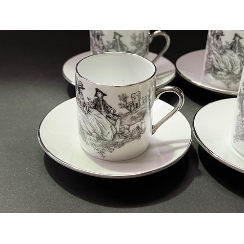 43 - Set of eight Limoges demi tasses approx:
Cup: 7cm H, 5.5cm W
Saucer: 3cm H, 11cm W