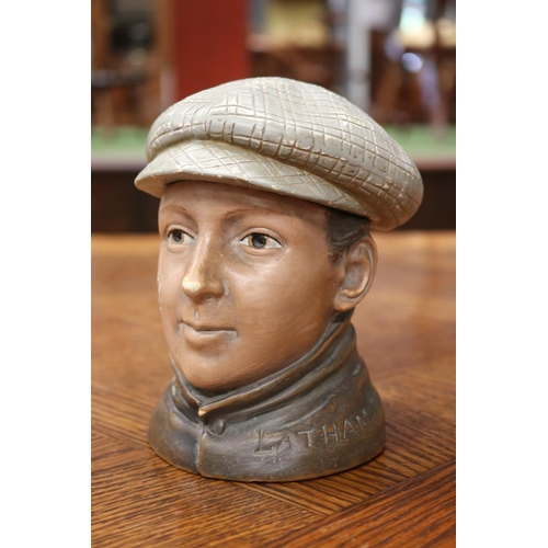 1652 - Bust of a man, porcelain lidded pot, signed Latham, hat removable, approx 15cm H x 12cm W x 14cm D