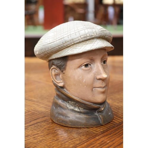 1652 - Bust of a man, porcelain lidded pot, signed Latham, hat removable, approx 15cm H x 12cm W x 14cm D