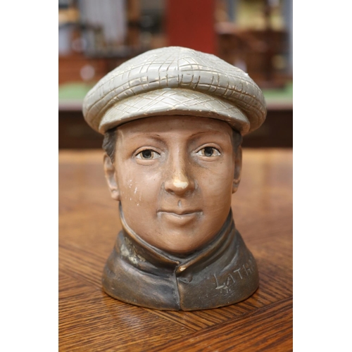 1652 - Bust of a man, porcelain lidded pot, signed Latham, hat removable, approx 15cm H x 12cm W x 14cm D