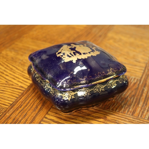 1662 - Limoges cobalt blue lidded trinket, approx 6cm H x 11cm sq