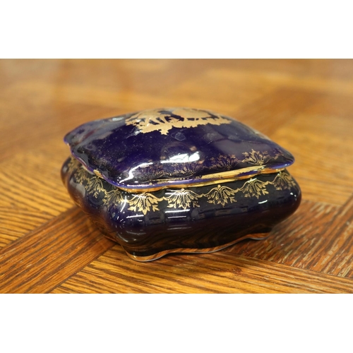 1662 - Limoges cobalt blue lidded trinket, approx 6cm H x 11cm sq