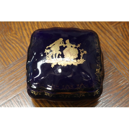 1662 - Limoges cobalt blue lidded trinket, approx 6cm H x 11cm sq