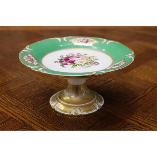 1664 - Antique porcelain comport, painted spray of flowers to centre, green & gilt border, approx 11cm H x ... 