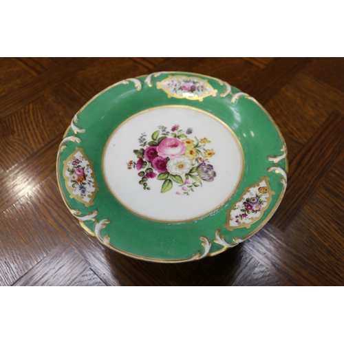 1664 - Antique porcelain comport, painted spray of flowers to centre, green & gilt border, approx 11cm H x ... 