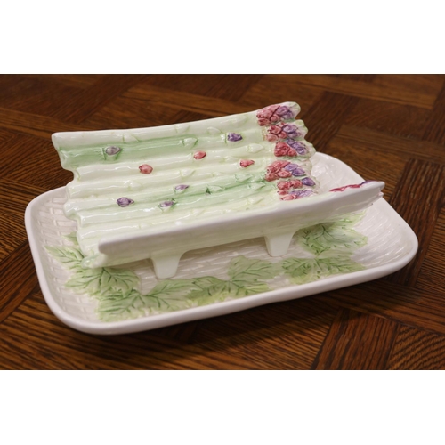 1666 - Vintage porcelain asparagus cradle with under dish, approx 10cm H x 31cm W x 20cm D