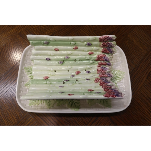 1666 - Vintage porcelain asparagus cradle with under dish, approx 10cm H x 31cm W x 20cm D