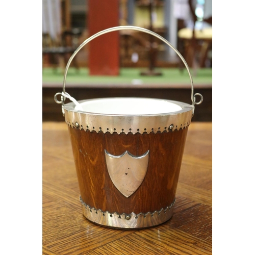 1669 - Antique wooden ice bucket, with ceramic liner, approx 14cm H (excluding handle) x 16cm Dia