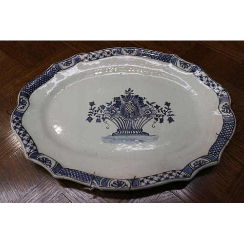 1672 - Antique French blue & white glazed platter, approx 48cm x 37cm