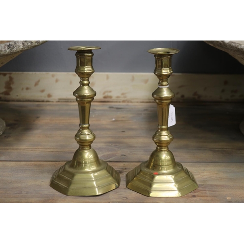 1699 - Pair of antique brass candlesticks, each approx 25cm H (2)