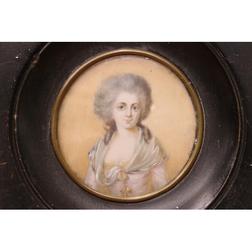1709 - Antique French circular miniature of a lady, approx 10.5cm sq (frame size