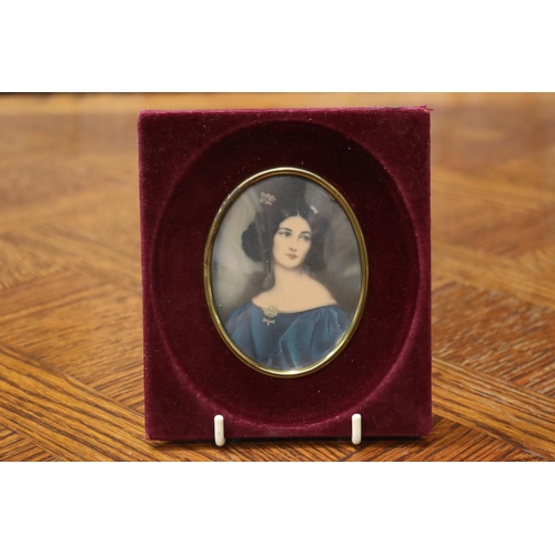 1710 - Vintage French oval miniature of a lady, in red velour frame, approx 14cm x 12cm (frame size)