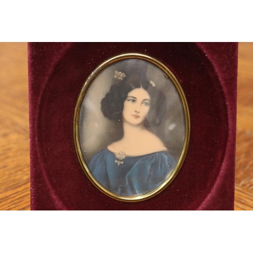 1710 - Vintage French oval miniature of a lady, in red velour frame, approx 14cm x 12cm (frame size)
