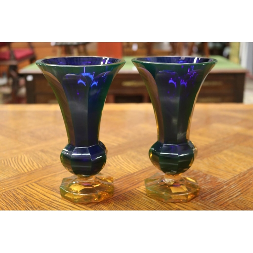 1714 - Pair of blue & amber glass vases, each approx 21cm H x 12.5cm Dia (2)