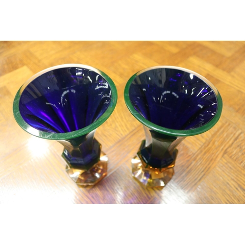 1714 - Pair of blue & amber glass vases, each approx 21cm H x 12.5cm Dia (2)