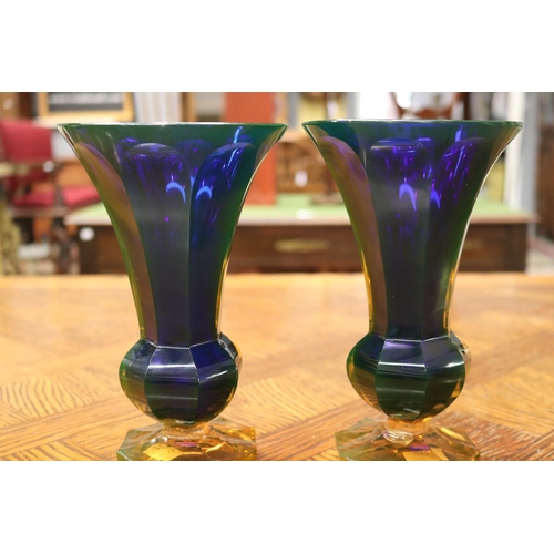 1714 - Pair of blue & amber glass vases, each approx 21cm H x 12.5cm Dia (2)