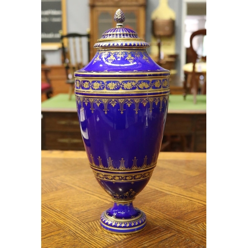 1717 - Antique Sevres cobalt blue porcelain lidded vase, with gilt highlights, marked to base, approx 39cm ... 