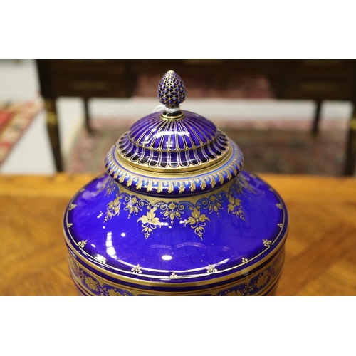 1717 - Antique Sevres cobalt blue porcelain lidded vase, with gilt highlights, marked to base, approx 39cm ... 