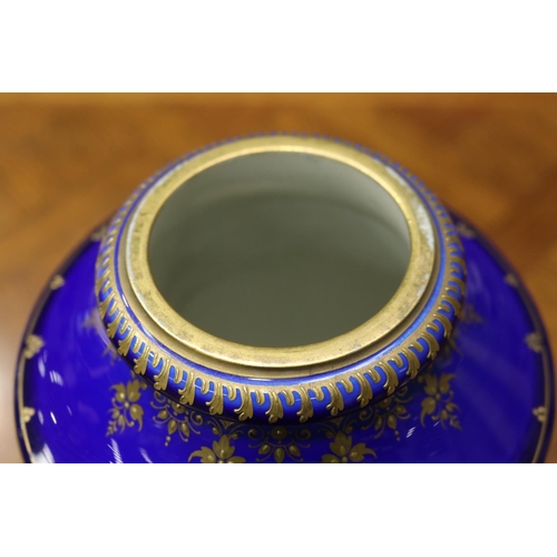 1717 - Antique Sevres cobalt blue porcelain lidded vase, with gilt highlights, marked to base, approx 39cm ... 