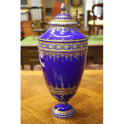 1717 - Antique Sevres cobalt blue porcelain lidded vase, with gilt highlights, marked to base, approx 39cm ... 