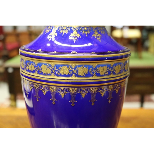 1717 - Antique Sevres cobalt blue porcelain lidded vase, with gilt highlights, marked to base, approx 39cm ... 