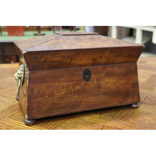 1724 - Antique English tea caddy, lion mask handles, replacement bowl, approx 22cm H x 34cm W x 20 cm D