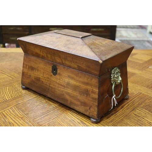 1724 - Antique English tea caddy, lion mask handles, replacement bowl, approx 22cm H x 34cm W x 20 cm D