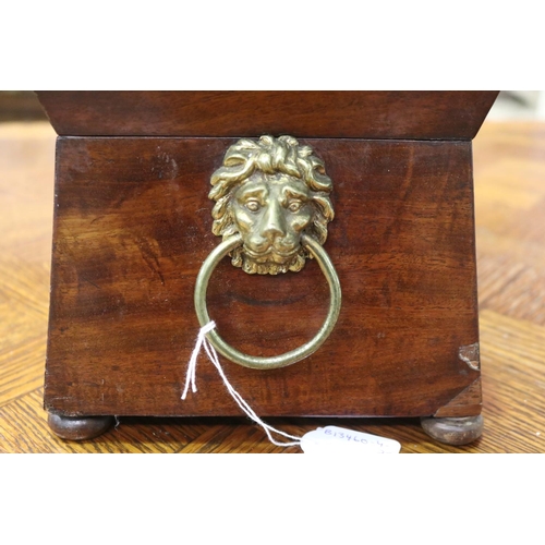 1724 - Antique English tea caddy, lion mask handles, replacement bowl, approx 22cm H x 34cm W x 20 cm D