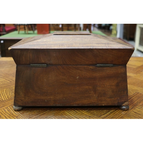 1724 - Antique English tea caddy, lion mask handles, replacement bowl, approx 22cm H x 34cm W x 20 cm D