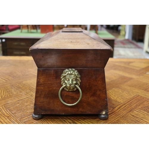 1724 - Antique English tea caddy, lion mask handles, replacement bowl, approx 22cm H x 34cm W x 20 cm D