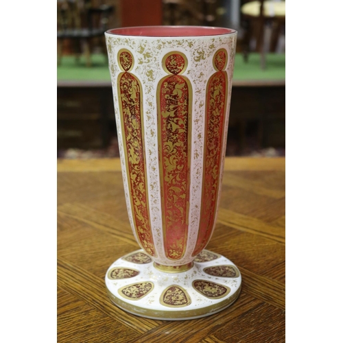 1727 - Bohemia cranberry overlay pedestal vase, approx 29cm H