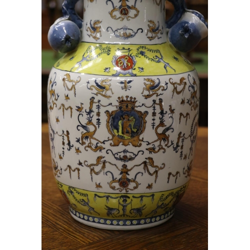 1731 - Decorative porcelain twin handled vase, base drilled for lamp, approx 31cm H