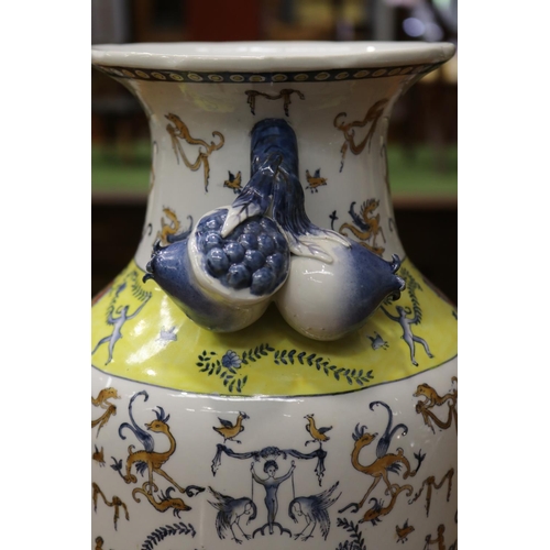 1731 - Decorative porcelain twin handled vase, base drilled for lamp, approx 31cm H