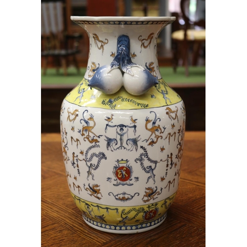 1731 - Decorative porcelain twin handled vase, base drilled for lamp, approx 31cm H