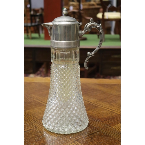 1734 - Silver plate and pressed glass juice jug with sleeve for ice, approx 35cm H