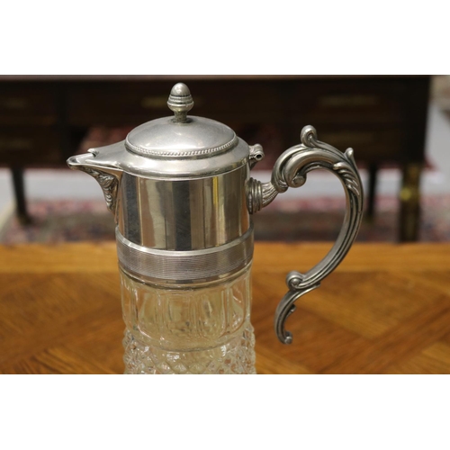 1734 - Silver plate and pressed glass juice jug with sleeve for ice, approx 35cm H