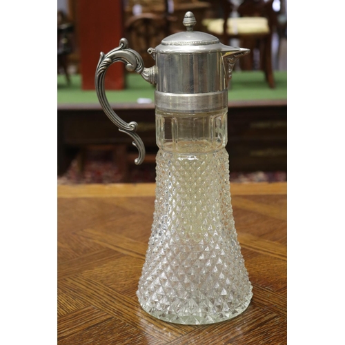 1734 - Silver plate and pressed glass juice jug with sleeve for ice, approx 35cm H