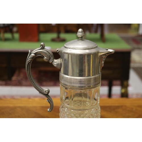 1734 - Silver plate and pressed glass juice jug with sleeve for ice, approx 35cm H
