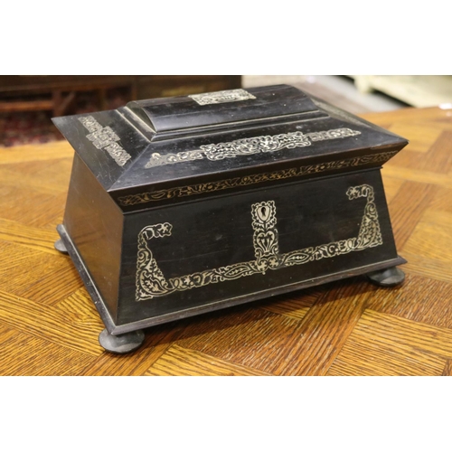 1735 - Antique English ebonized & inlaid work box, with fitted interior, approx 20cm H x 33cm W x 25cm D