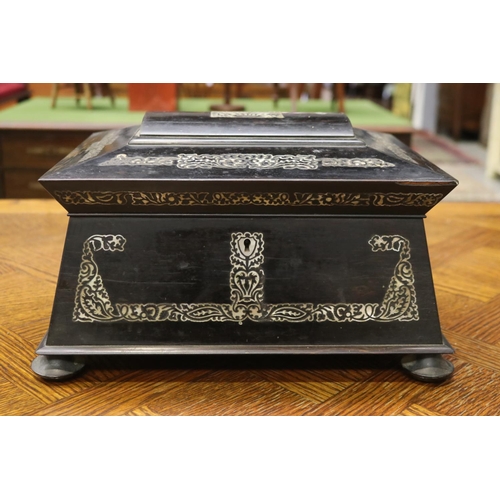 1735 - Antique English ebonized & inlaid work box, with fitted interior, approx 20cm H x 33cm W x 25cm D