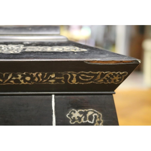 1735 - Antique English ebonized & inlaid work box, with fitted interior, approx 20cm H x 33cm W x 25cm D