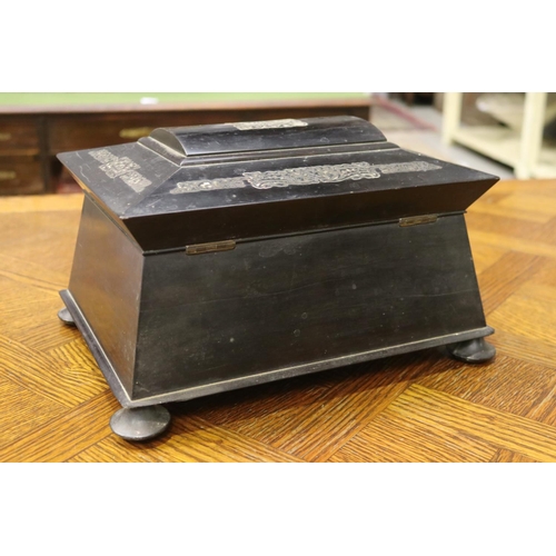 1735 - Antique English ebonized & inlaid work box, with fitted interior, approx 20cm H x 33cm W x 25cm D